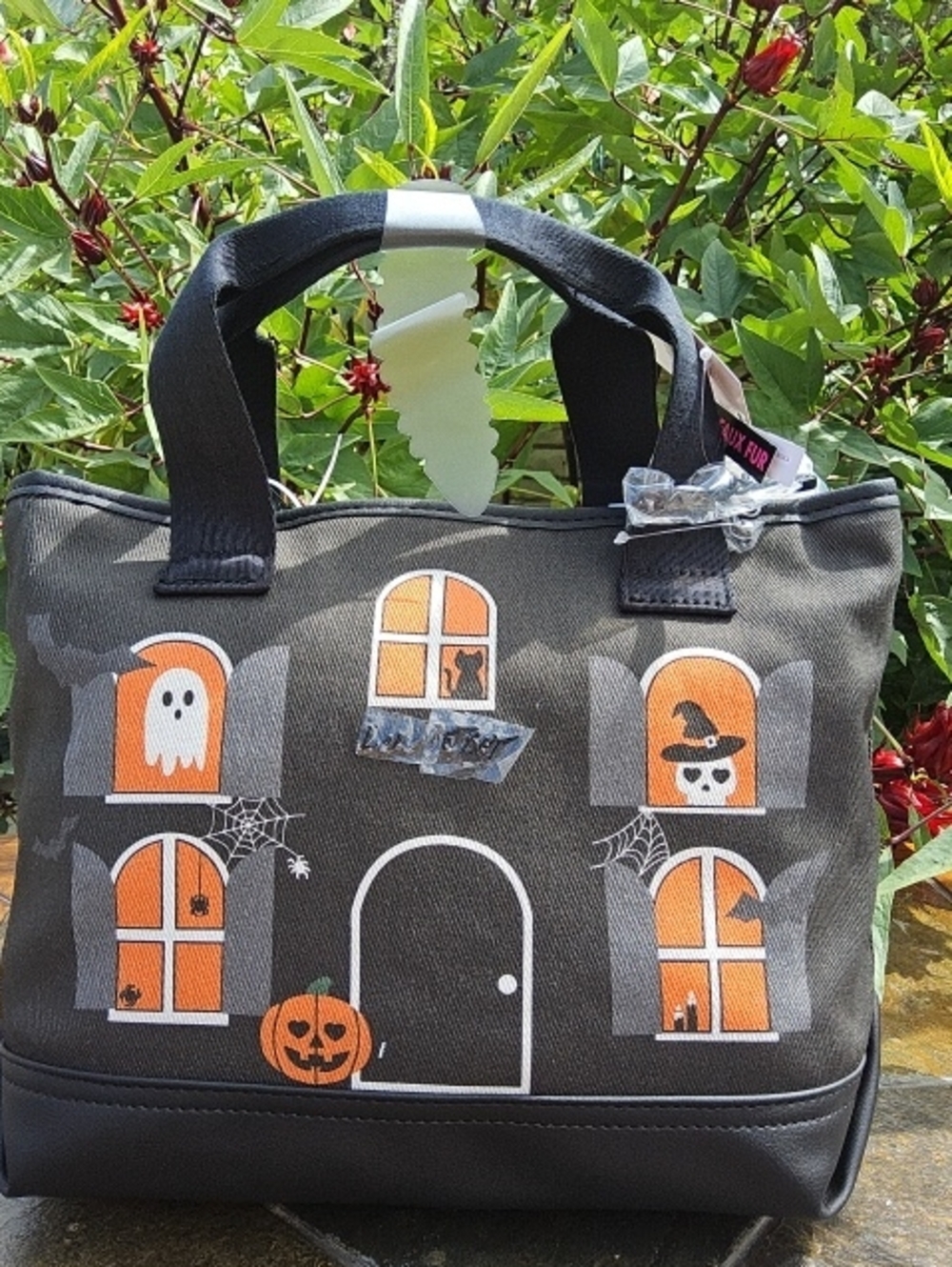 Betsey Johnson Black Halloween House Tote with Orange Accents